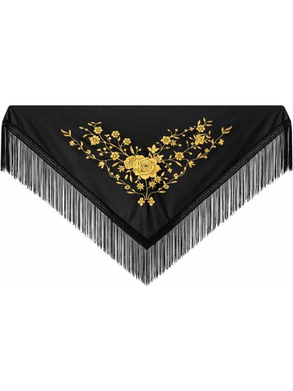 Chic Black Fringe Shawl with Gold Embroidery - Oversized 190x90 cm Fashion Wrap